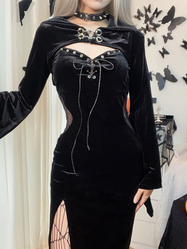 Goth Velvet High Split Dress - Witchy Elegance, Adams Family Inspired Halloween Dresses - Chuzko Women Clothing
