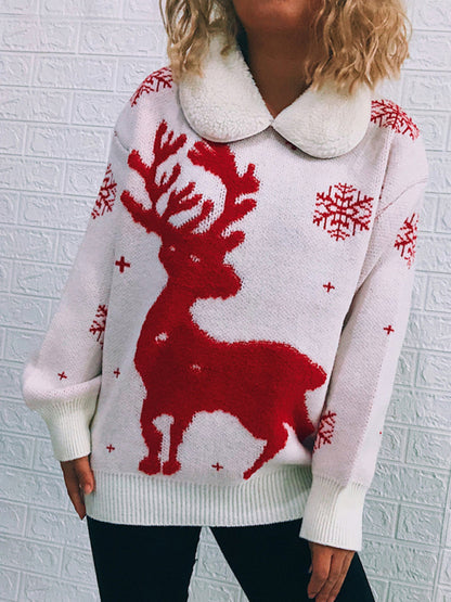 Winter Peter Pan Collar Reindeer Sweater for Christmas Sweaters - Chuzko Women Clothing