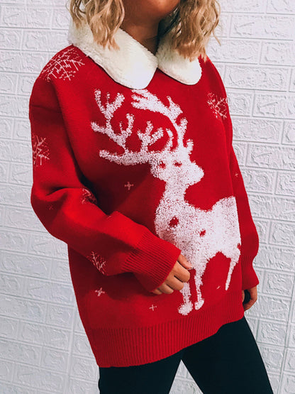 Winter Peter Pan Collar Reindeer Sweater for Christmas Sweaters - Chuzko Women Clothing