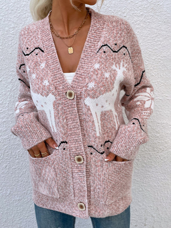 Xmas Knitted Button-Up Christmas Cardigan Mid Sweater Cardigan Sweaters - Chuzko Women Clothing