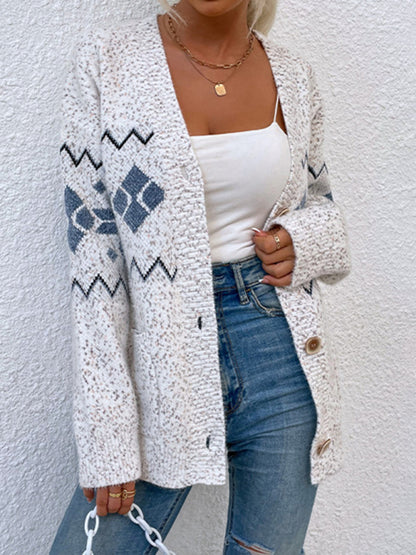 Winter Knit Buttoned Xmas Snowflakes Cardigan Sweater with Pockets Cardigan Sweaters - Chuzko Women Clothing