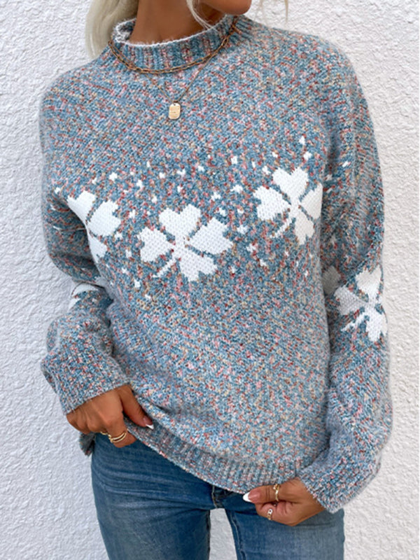 Xmas Knit High Neck Snowflake Thanksgiving Sweater Jumper Christmas Sweaters - Chuzko Women Clothing