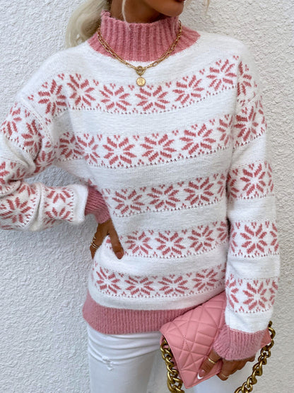 Xmas Knit Stand Neck Snowflake Thanksgiving Sweater Jumper Christmas Sweaters - Chuzko Women Clothing