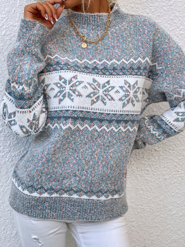 Xmas Snowflakes Knit High Neck Fluffy Sweater Jumper Christmas Sweaters - Chuzko Women Clothing
