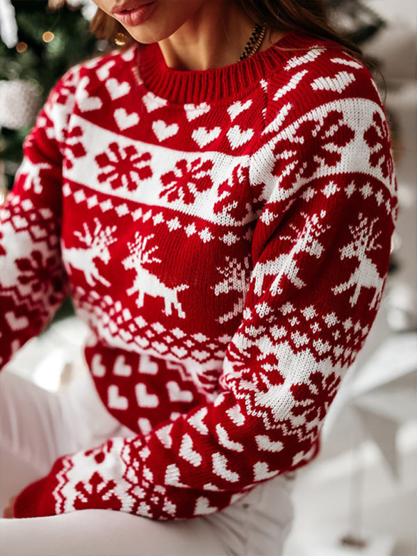 Xmas Knit Round Neck Elk Sweater Jumper Christmas Sweaters - Chuzko Women Clothing