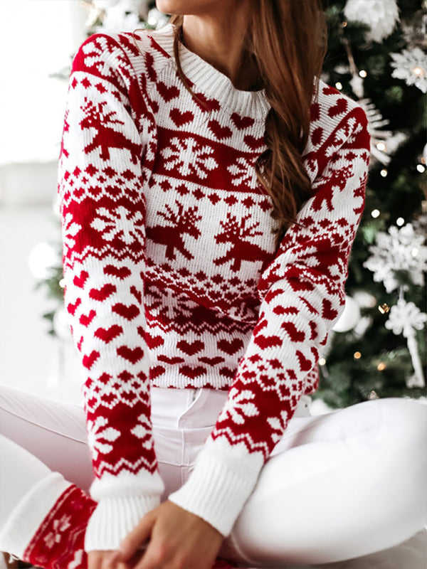 Xmas Knit Round Neck Elk Sweater Jumper Christmas Sweaters - Chuzko Women Clothing