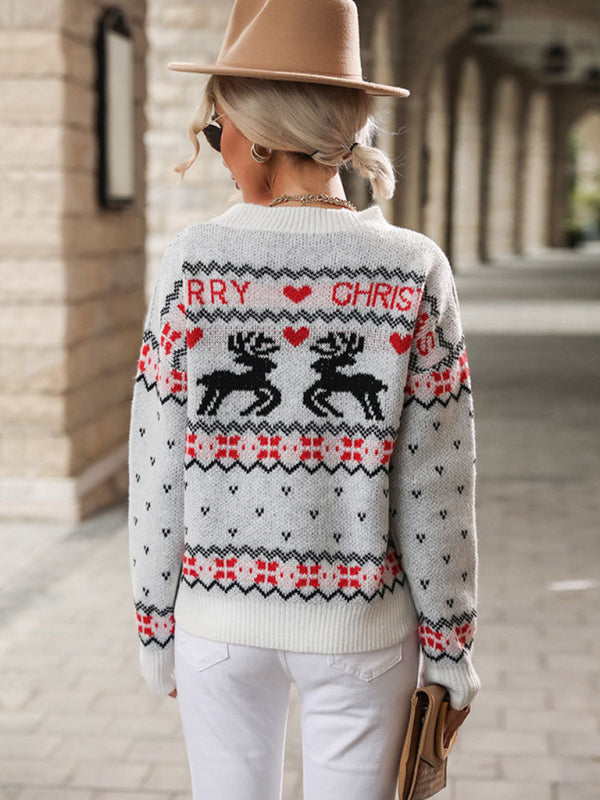 Merry Xmas Love Elk Cozy Thanksgiving Knit Sweater Jumper Christmas Sweaters - Chuzko Women Clothing
