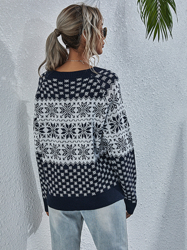 Xmas Knit Crew Neck Snowflakes Thanksgiving Sweater Jumper Christmas Sweaters - Chuzko Women Clothing