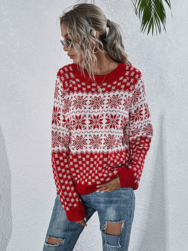 Xmas Knit Crew Neck Snowflakes Thanksgiving Sweater Jumper Christmas Sweaters - Chuzko Women Clothing
