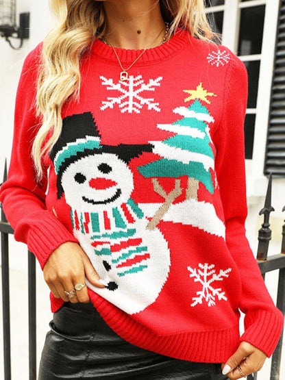 Traditional Christmas Tree Snowman Cozy Knit Sweater Christmas Sweaters - Chuzko Women Clothing