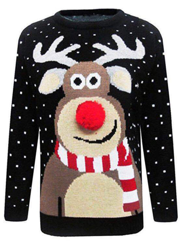 Merry Christmas Ugly Reindeer Pom Pom Nose Knit Sweater Christmas Sweaters - Chuzko Women Clothing