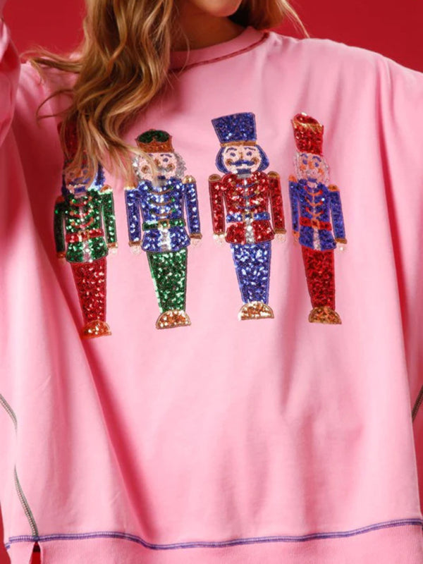 Drop Shoulder Christmas Sweatshirt - Oversized Holiday Pullover Xmas Sweatshirts - Chuzko Women Clothing