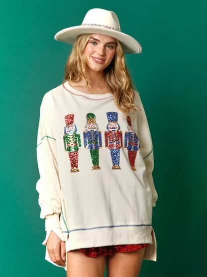 Drop Shoulder Christmas Sweatshirt - Oversized Holiday Pullover Xmas Sweatshirts - Chuzko Women Clothing