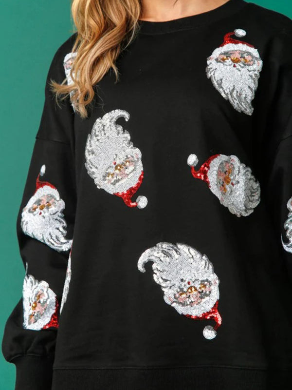 Festive Santa Sequin Patchwork Christmas Sweatshirt Pullover - Chuzko Women Clothing