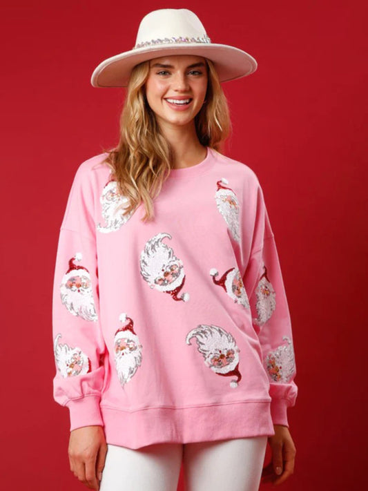 Festive Santa Sequin Patchwork Christmas Sweatshirt Pullover - Chuzko Women Clothing