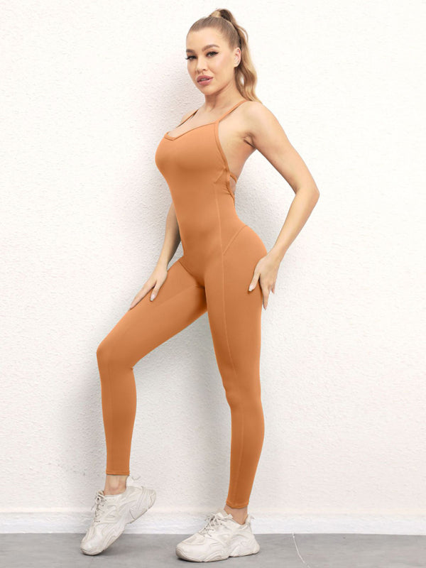 Solid Butt Lifting Tight Jumpsuit Unitard Tight Pantsuits - Chuzko Women Clothing