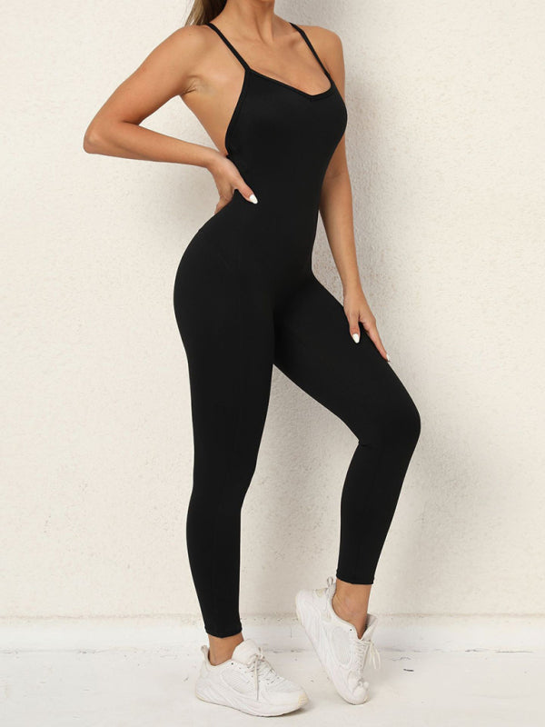 Solid Butt Lifting Tight Jumpsuit Unitard Tight Pantsuits - Chuzko Women Clothing