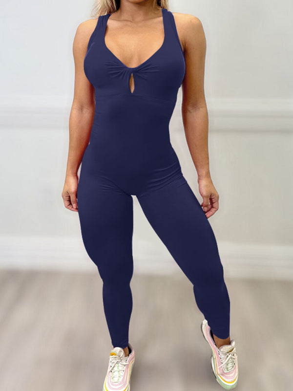 Solid Backless Peach Tight Jumpsuit Unitard Sporty Pantsuits - Chuzko Women Clothing