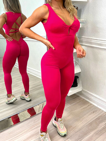 Solid Backless Peach Tight Jumpsuit Unitard Sporty Pantsuits - Chuzko Women Clothing