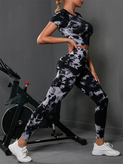 Workout Essential: Tie-Dye 2 Piece: Crop Tee + Butt Lifting Leggings Activewear - Chuzko Women Clothing