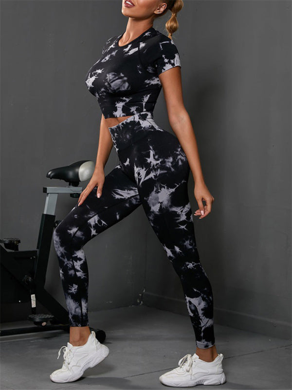Workout Essential: Tie-Dye 2 Piece: Crop Tee + Butt Lifting Leggings Activewear - Chuzko Women Clothing