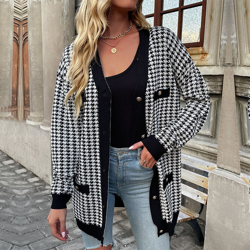 Houndstooth Button Down Cardigan: Loose Fit,  Drop Shoulders, Pockets Cardigans - Chuzko Women Clothing