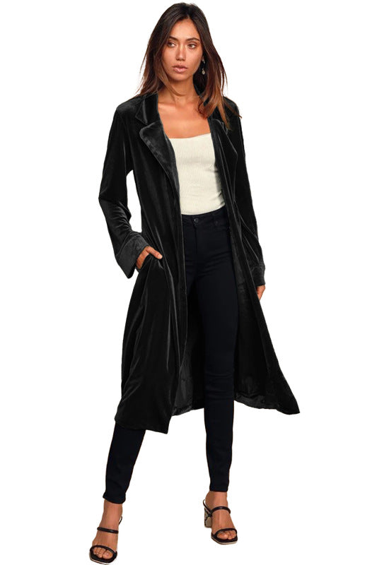 Date Night Elegance Velvet Velour Lapel Coat with Pockets Velvet Coats - Chuzko Women Clothing