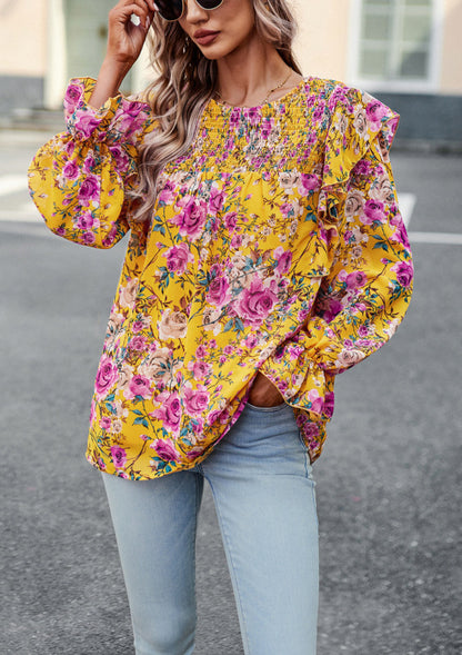 Floral Lantern Sleeve Blouse - Ruffles & Smocked Top Blouses - Chuzko Women Clothing
