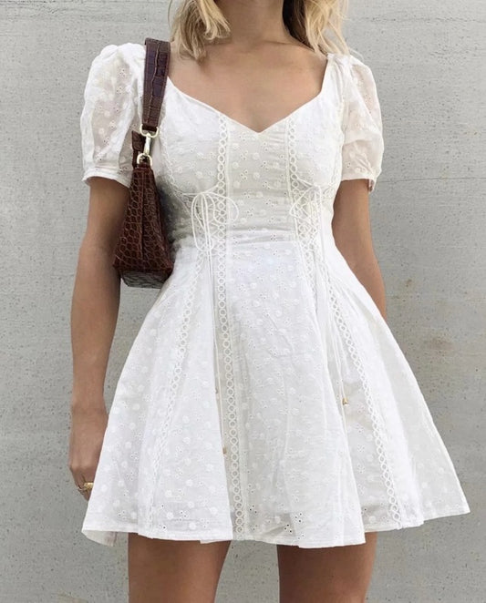 Sweetheart Neck Mini Dress: Bohemian Elegance with Eyelet Sleeves Mini Dresses - Chuzko Women Clothing