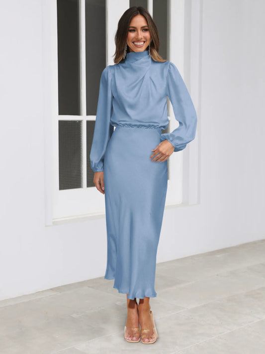 Satin Midi Dress with Cowl Drapes & Long Sleeves for Any Occasion Midi Dresses - Chuzko Women Clothing