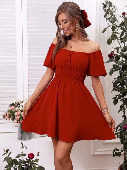 Trendy Solid Off Shoulders Mini Dress with Petal Sleeves Mini Dresses - Chuzko Women Clothing