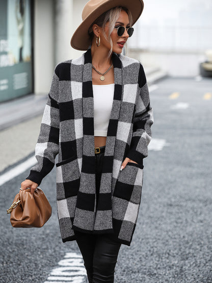 Women's Knit Plaid Pockets Long Cardigan - Shawl Collar Sweater Coat Cardigans - Chuzko Women Clothing