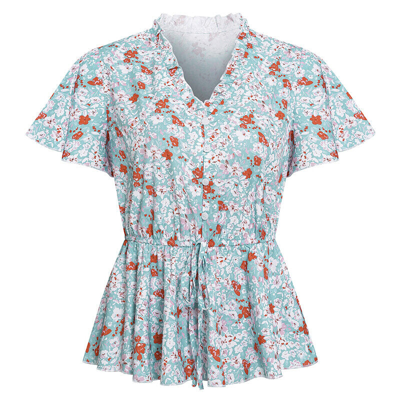 Floral Fun: Casual T-Shirt with Belted Waist Tops - Chuzko Women Clothing