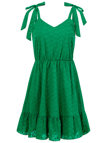sundresses- Summer Eyelet Tie-Shoulder A-Line Mini Dress with Ruffle Hem- - Chuzko Women Clothing