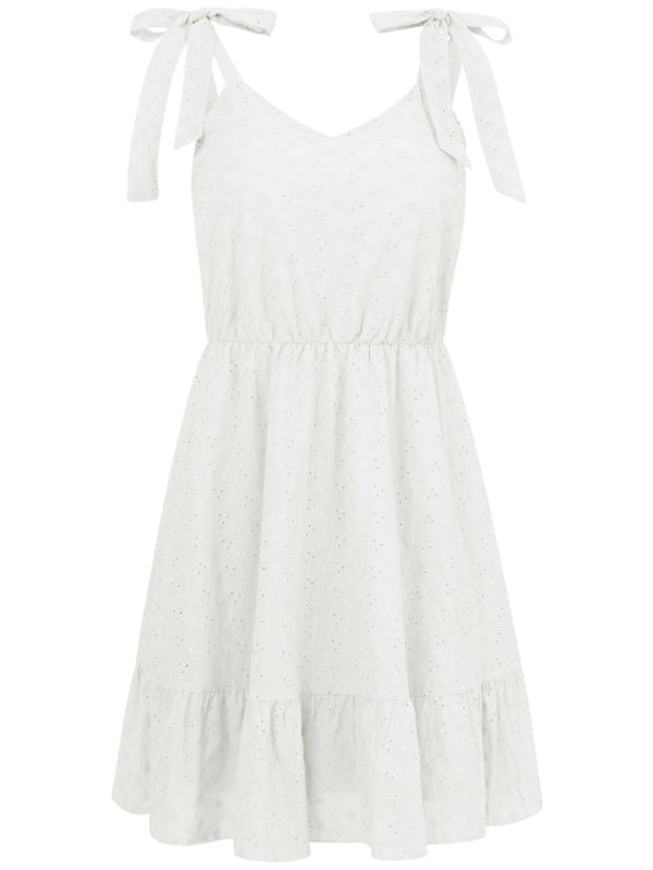 sundresses- Summer Eyelet Tie-Shoulder A-Line Mini Dress with Ruffle Hem- - Chuzko Women Clothing