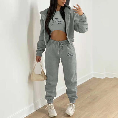 3 Piece Cotton-Blend Joggers & Cozy Hoodie & Crop Tank Top Casual Outfits - Chuzko Women Clothing