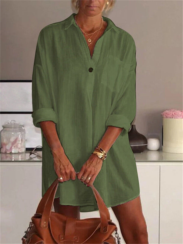 Mid-Length Shirt with Patch Pocket - Drop Shoulders Top Shirt - Chuzko Women Clothing