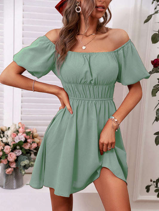 Trendy Solid Off Shoulders Mini Dress with Petal Sleeves Mini Dresses - Chuzko Women Clothing