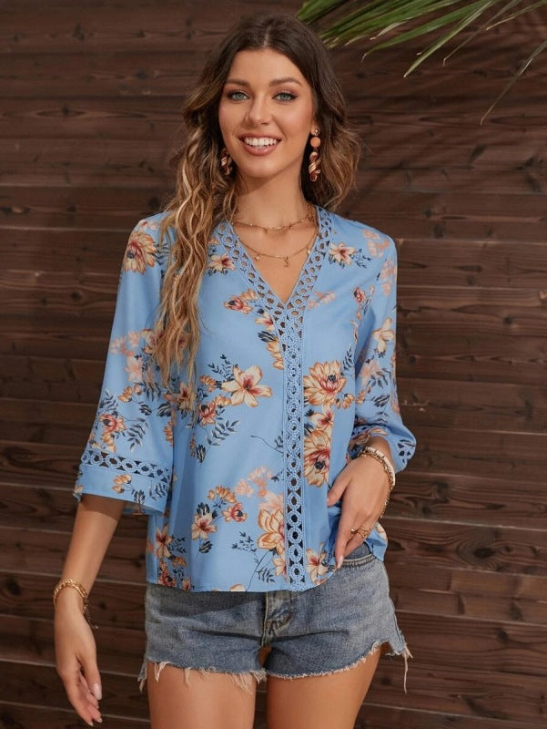 Women's Floral Bell Sleeve Lace V-Neck Blouse Top Blouses - Chuzko Women Clothing