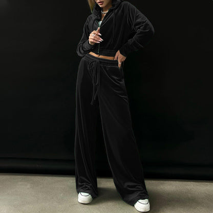 Sportish Velvet Outfit: Hoodie & Wide-leg Trousers Trousers Set - Chuzko Women Clothing