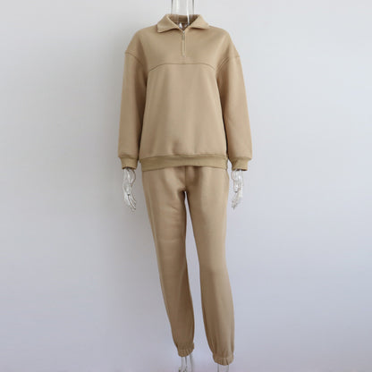 Fleece Set: Zip-Up Sweatshirt + Sweatpants - Active Style Trousers Set - Chuzko Women Clothing