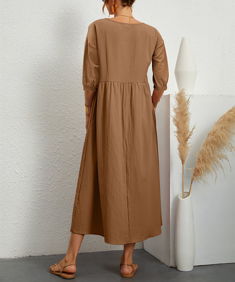 Solid Flowy Round Neck 3/4 Sleeve Midi Dress Dress - Chuzko Women Clothing