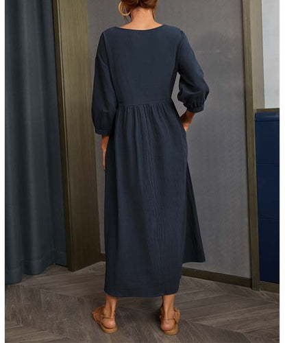 Solid Flowy Round Neck 3/4 Sleeve Midi Dress Dress - Chuzko Women Clothing